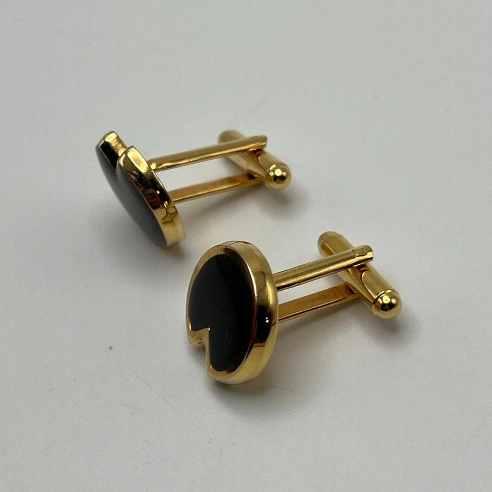 Vintage 80s Cuff Links Art Deco Black Enamel Gold Tone Cuff Studs
